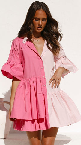 Pink Color Block Shirt Dress