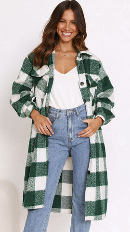 Green Gingham Print Longline Coat