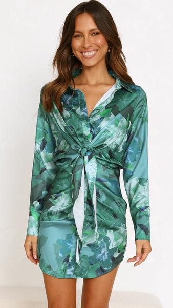 Green Floral Waist Knot Mini Dress