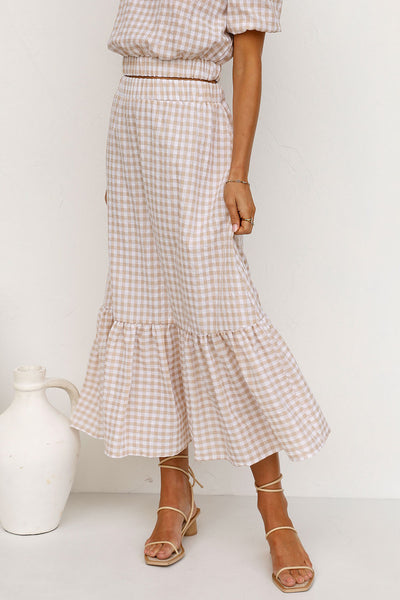 Khaki Gingham Print Midi Skirts