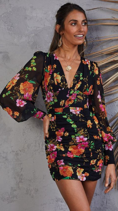 Black Floral Long Sleeves Bodycon Dress