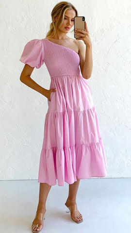 Pink One Shoulder Midi Dress