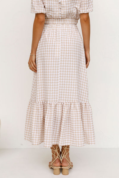 Khaki Gingham Print Midi Skirts