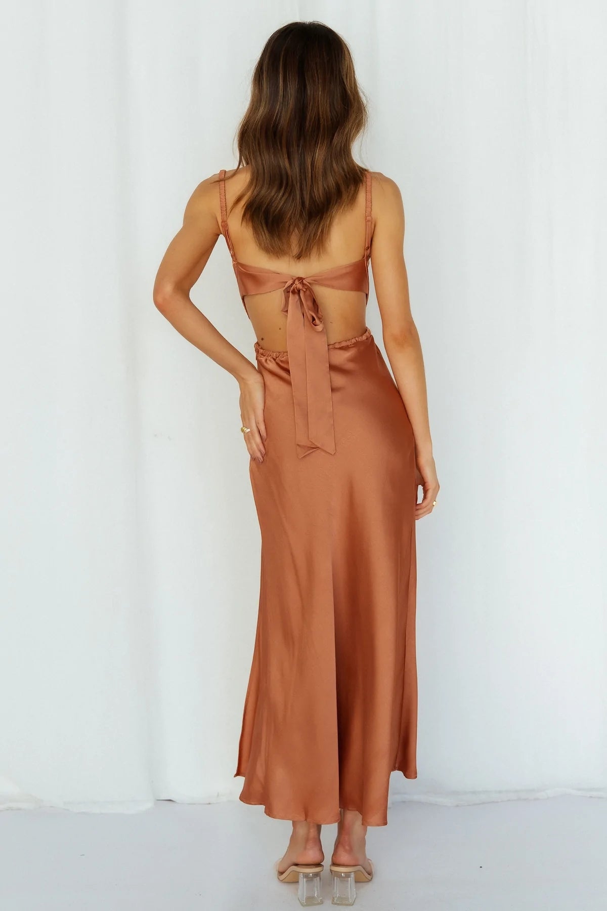 Brown Slip Satin Midi Dress