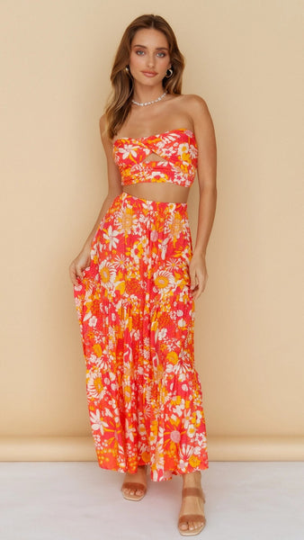 Orange Red Floral Off Shoulder Top and Skirt Sets