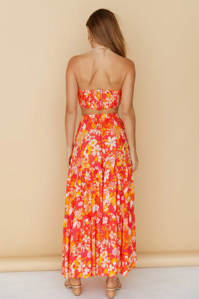 Orange Red Floral Off Shoulder Top and Skirt Sets