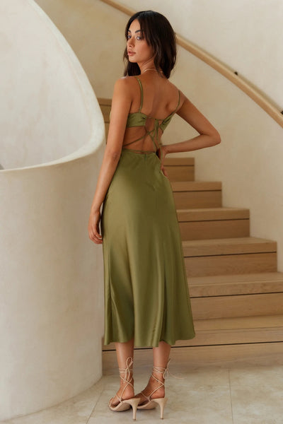 Olive Green Satin Midi Dress