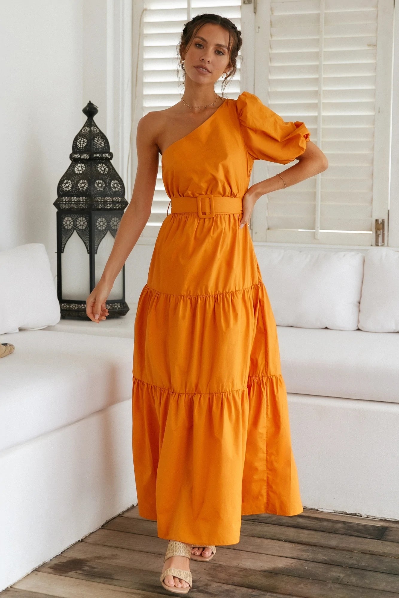 Orange One Shoulder Midi Dress