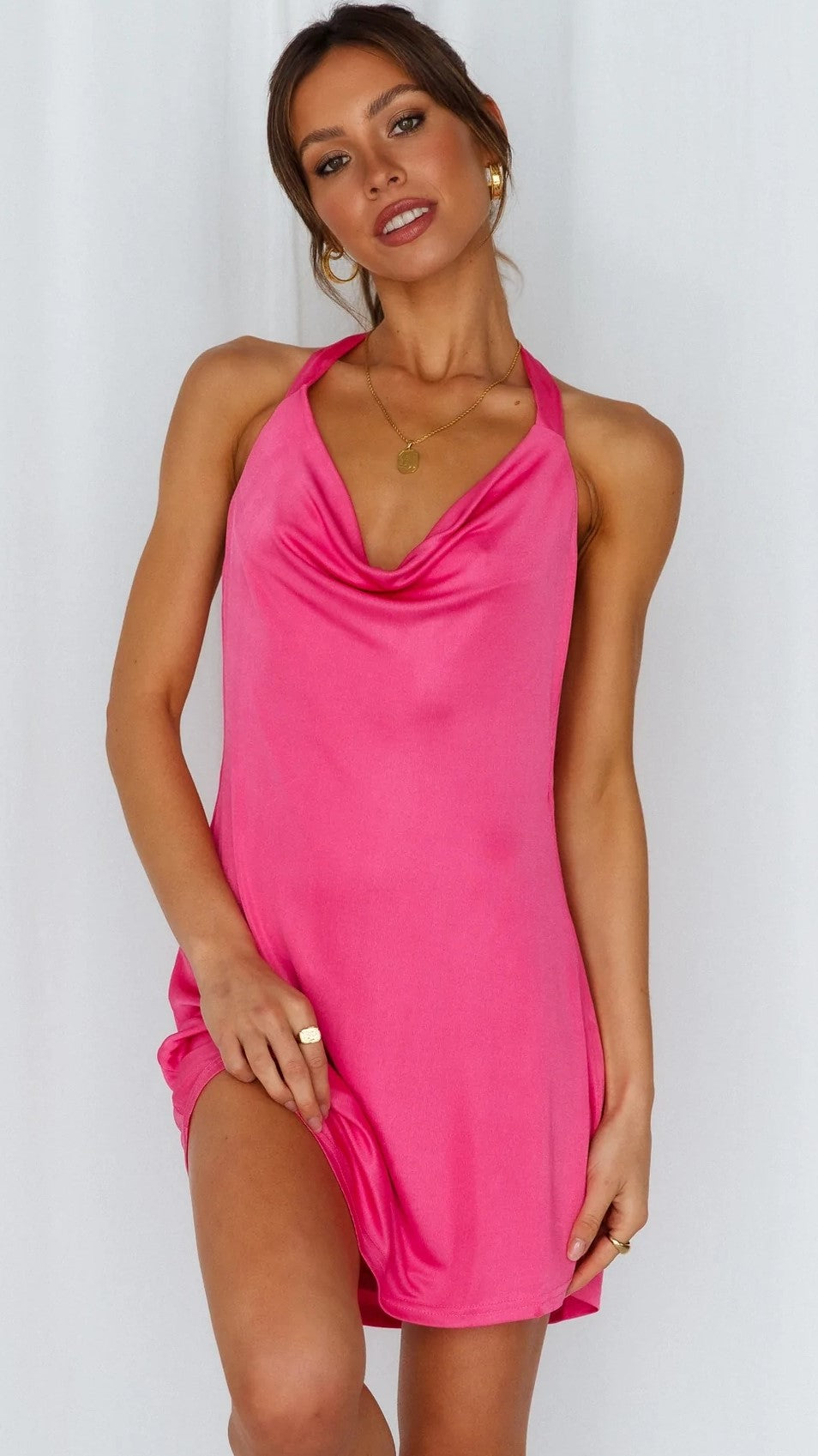 Hot Pink Halter Neck Satin Dress