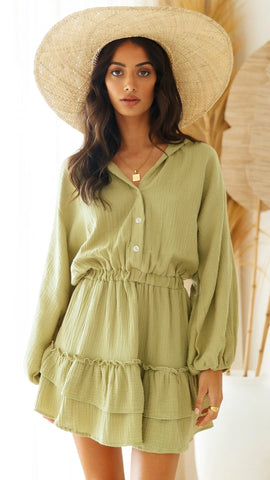 Lime Green Long Sleeves Shirt Dress