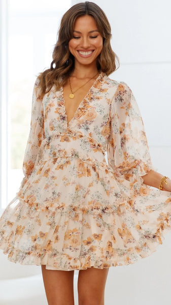 Beige Floral 3/4 Sleeves Mini Dress