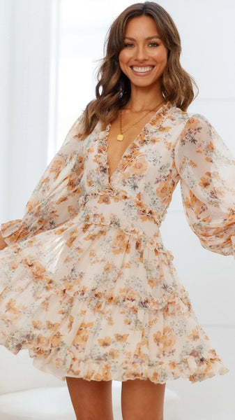 Beige Floral 3/4 Sleeves Mini Dress