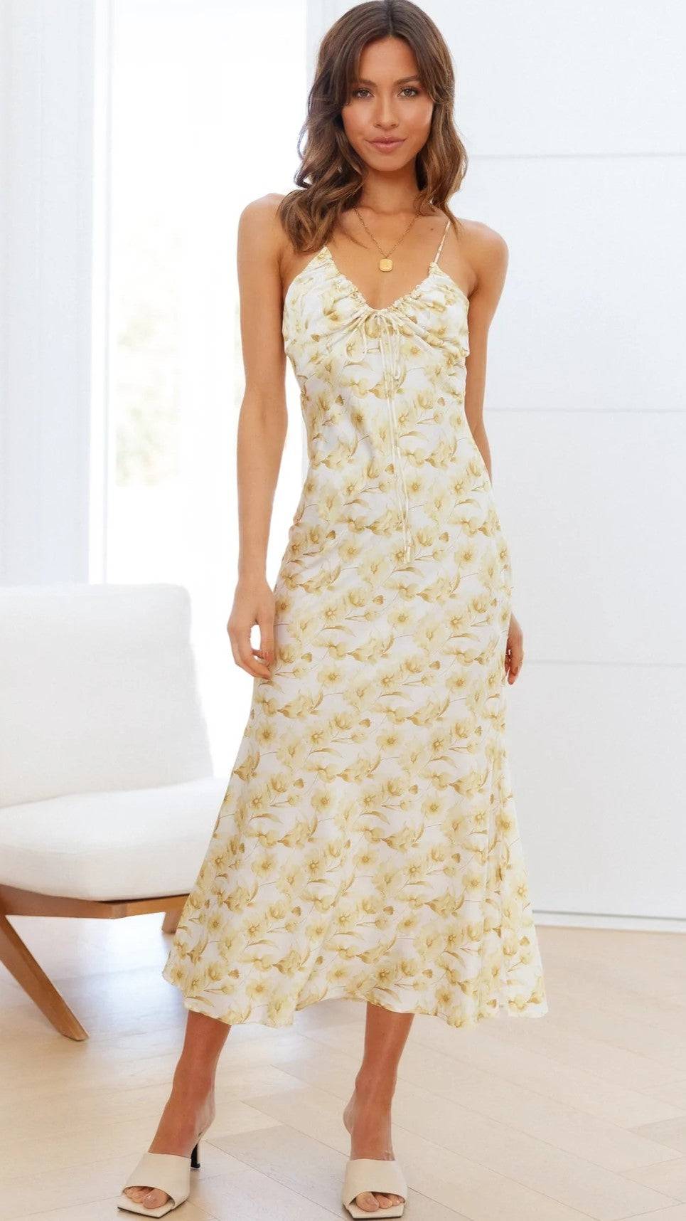 Pastel Yellow Floral Slip Midi Dress