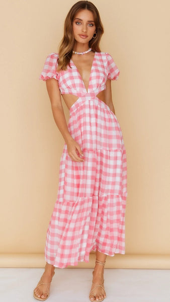 Pink Gingham Open Back Midi Dress