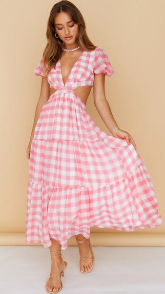 Pink Gingham Open Back Midi Dress