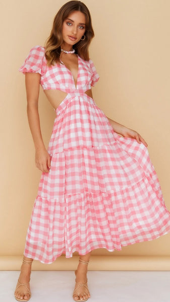 Pink Gingham Open Back Midi Dress