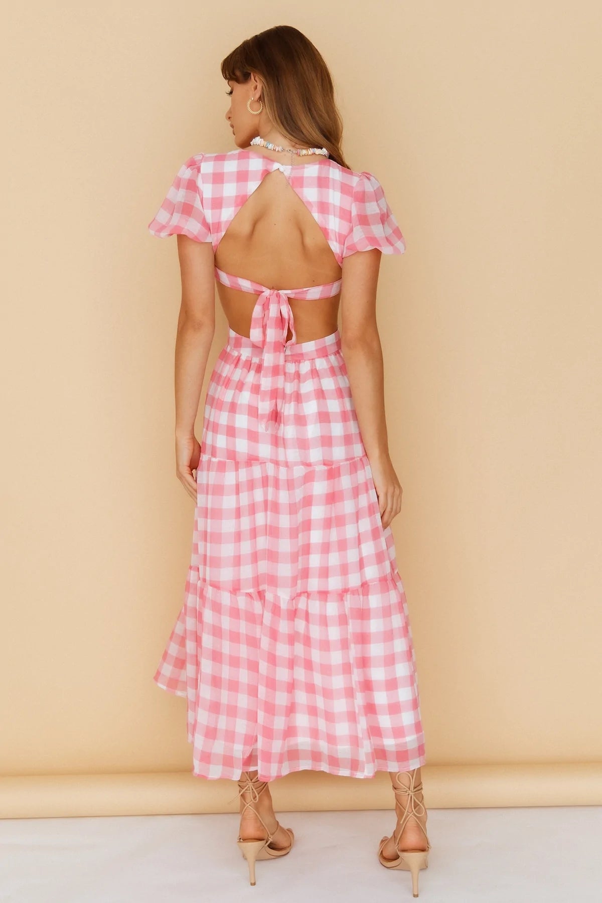 Pink Gingham Open Back Midi Dress