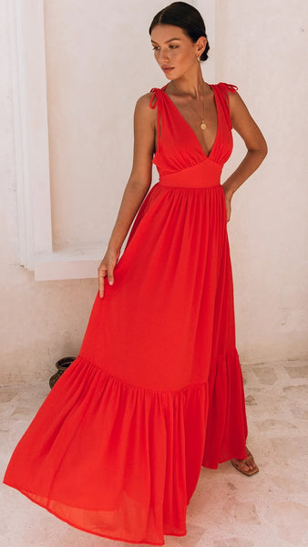 Red Plunging Neckline Maxi Dress