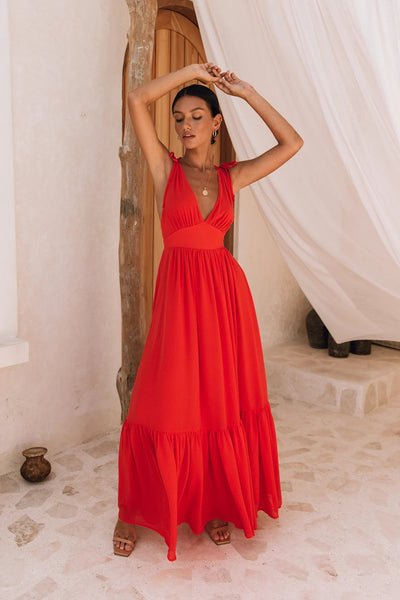 Red Plunging Neckline Maxi Dress