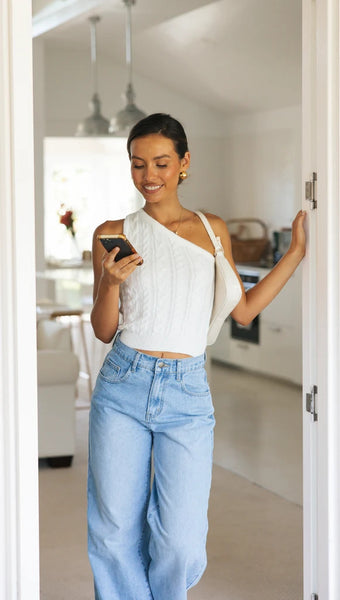 White One Shoulder Knit Crop Top