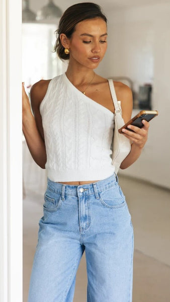 White One Shoulder Knit Crop Top