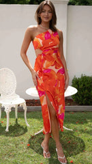 Orange Floral One Shoulder Midi Dress