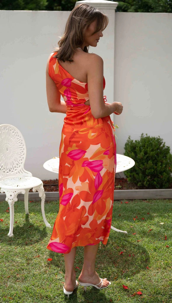Orange Floral One Shoulder Midi Dress