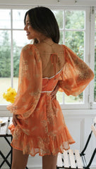 Orange Floral Long Sleeves Dress