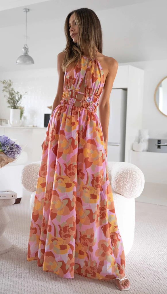 pink floral halter maxi dress Petal and Pup Women's Mila Halterneck Maxi Dress
