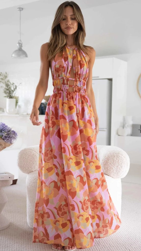 Pink Floral Halter Maxi Dress