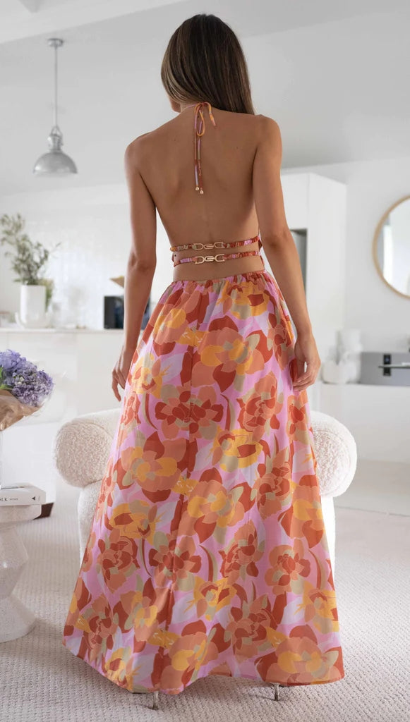 Pink Floral Halter Maxi Dress