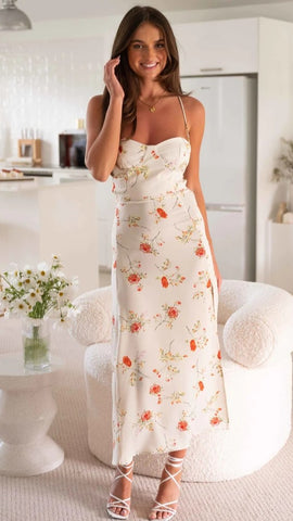 Orange Floral Backless Midi Dress