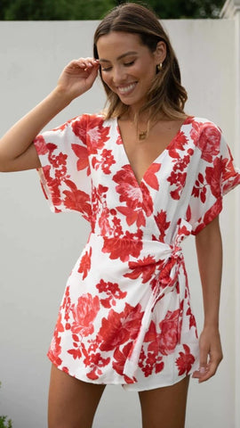 Red Floral Surplice Mini Dress