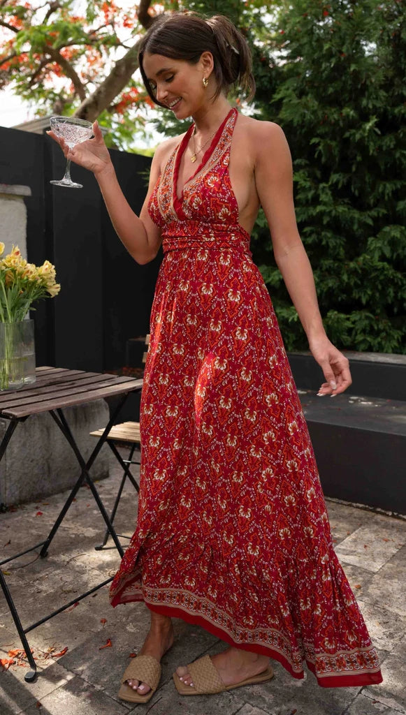 Boho Burgundy Floral Halter Maxi Dress Gabi Swimwear Boho Burgundy Floral Halter Maxi Dress Gabi Swimwear