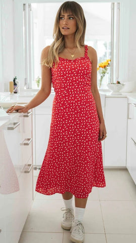 Red Floral Sleeveless Midi Dress