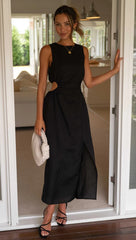 Black Cutout Waist Sleeveless Midi Dress