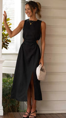 Black Cutout Waist Sleeveless Midi Dress