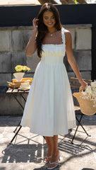 White Ruffled Shoulder Straps Midi Dress