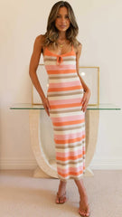 Orange Striped Knit Midi Dress