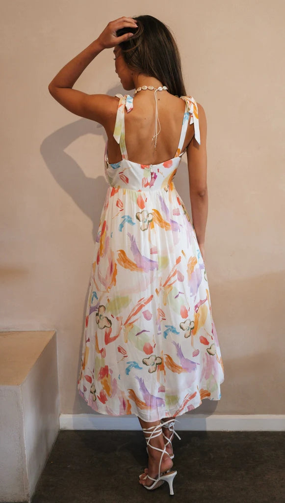 Pastel Floral Shoulder Tie Midi Dress