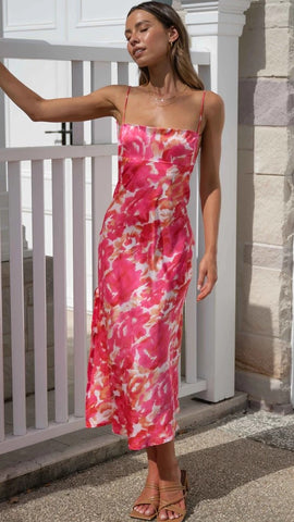 Fuchsia Floral Satin Midi Dress