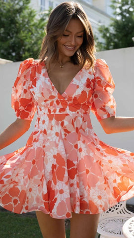 Ingradient Orange Floral Mini Dress