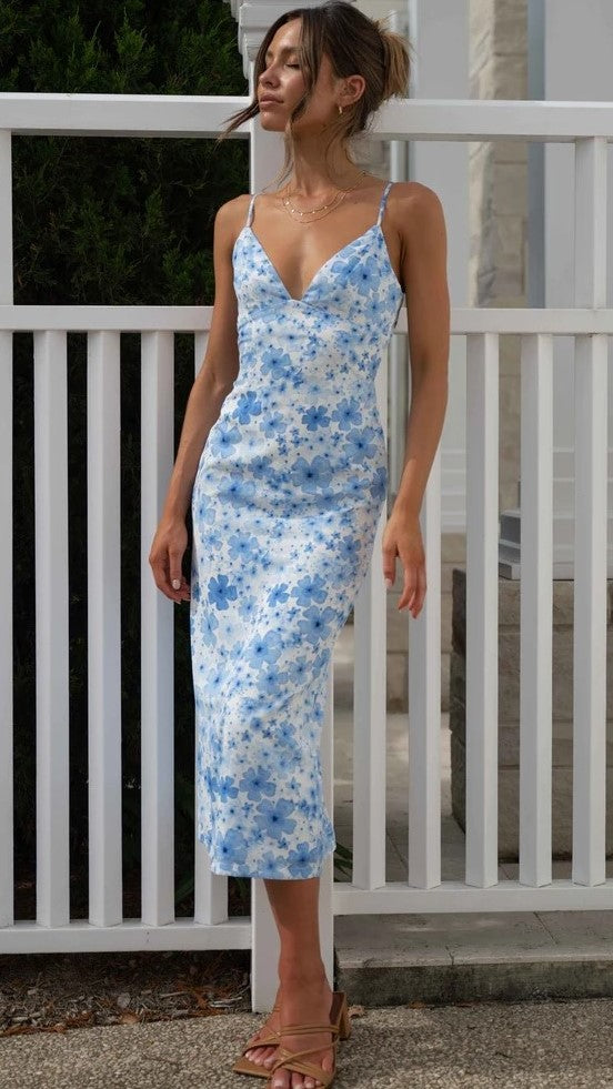 Pastel Blue Floral Slip Midi Dress