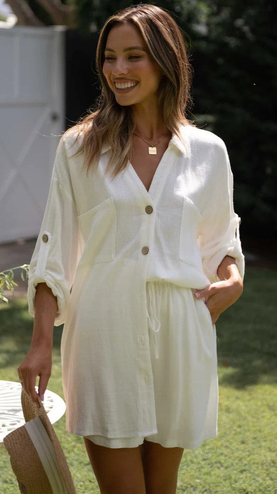 White Solid Button Down Top