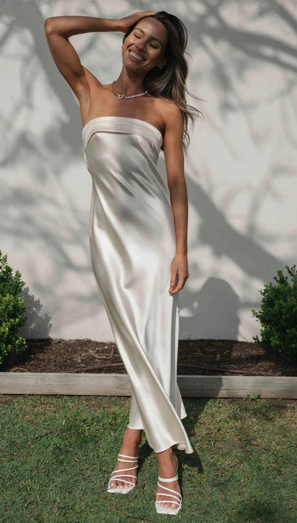 White Bandeau Satin Midi Dress Gabi Swimwear White Bandeau Satin Midi Dress Gabi Swimwear