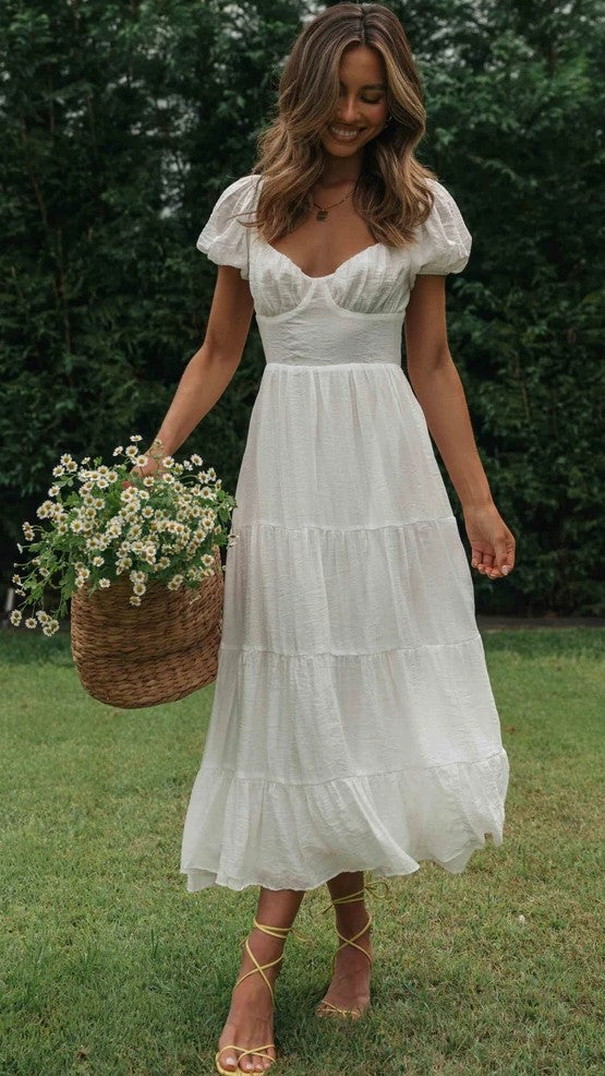 White Sweetheart Neckline Midi Dress - Main Image