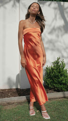 Orange Bandeau Satin Midi Dress