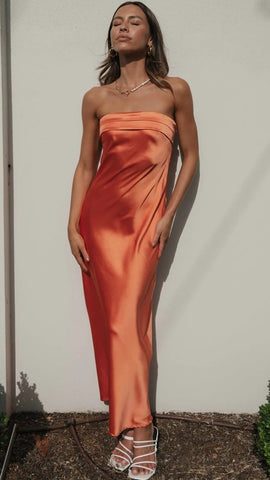 Orange Bandeau Satin Midi Dress