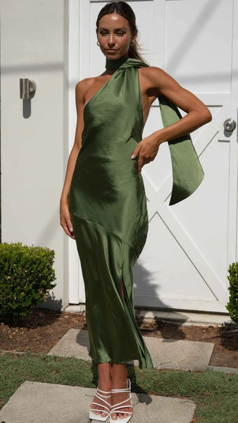 Olive Green Satin Midi Dress