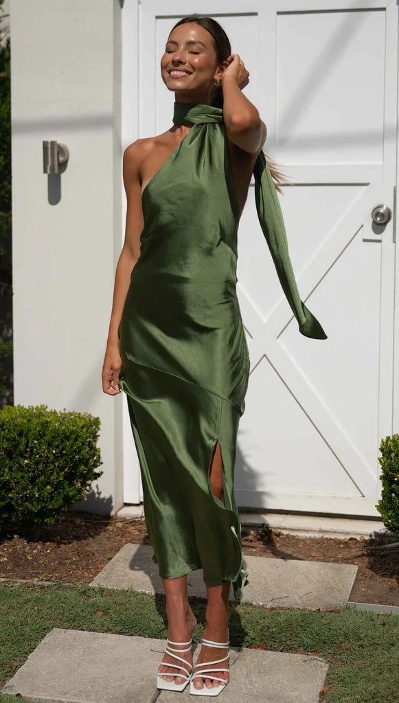 Olive Green Satin Midi Dress